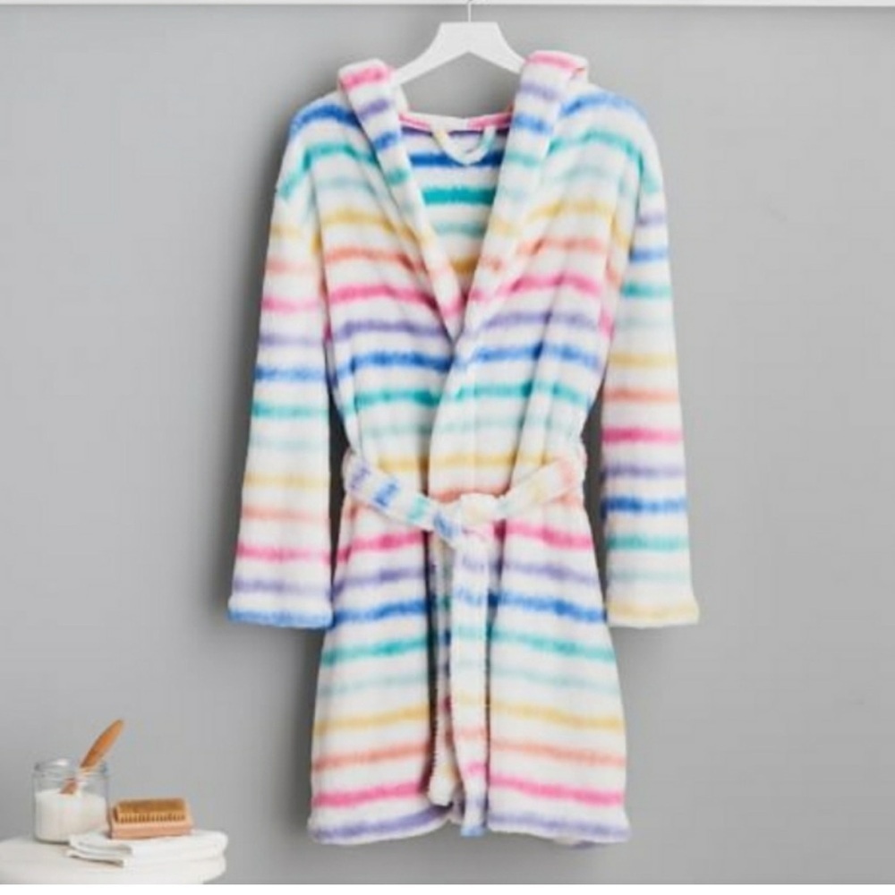 Pottery Barn Teen Rainbow Stripe Plush Tie Soft Colorblock Hooded Robe Cover Up